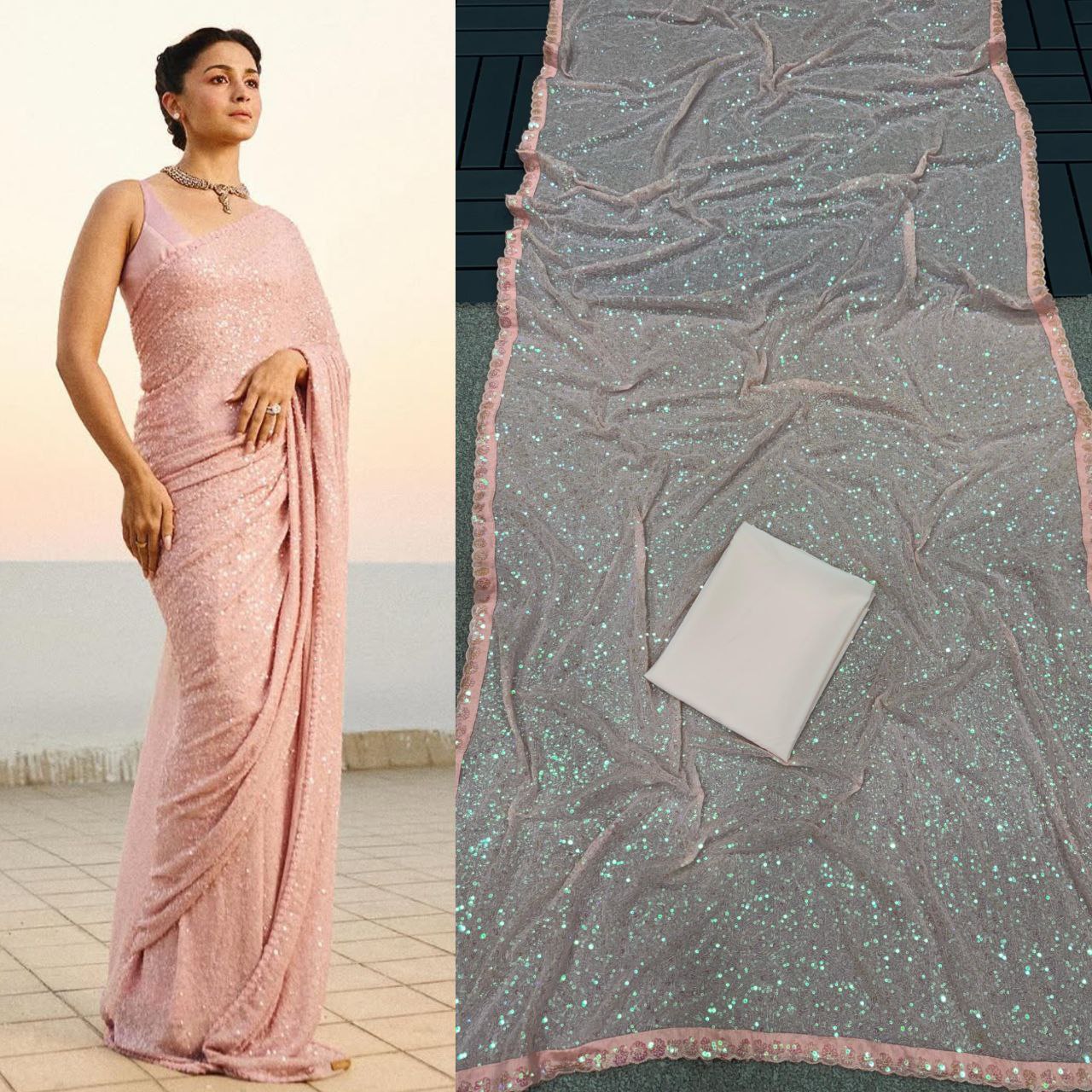 New Bollywood Blockbuster Faux Georgette Saree with Heavy Khichdi Sequin Embroidery & Cutwork Lace Border