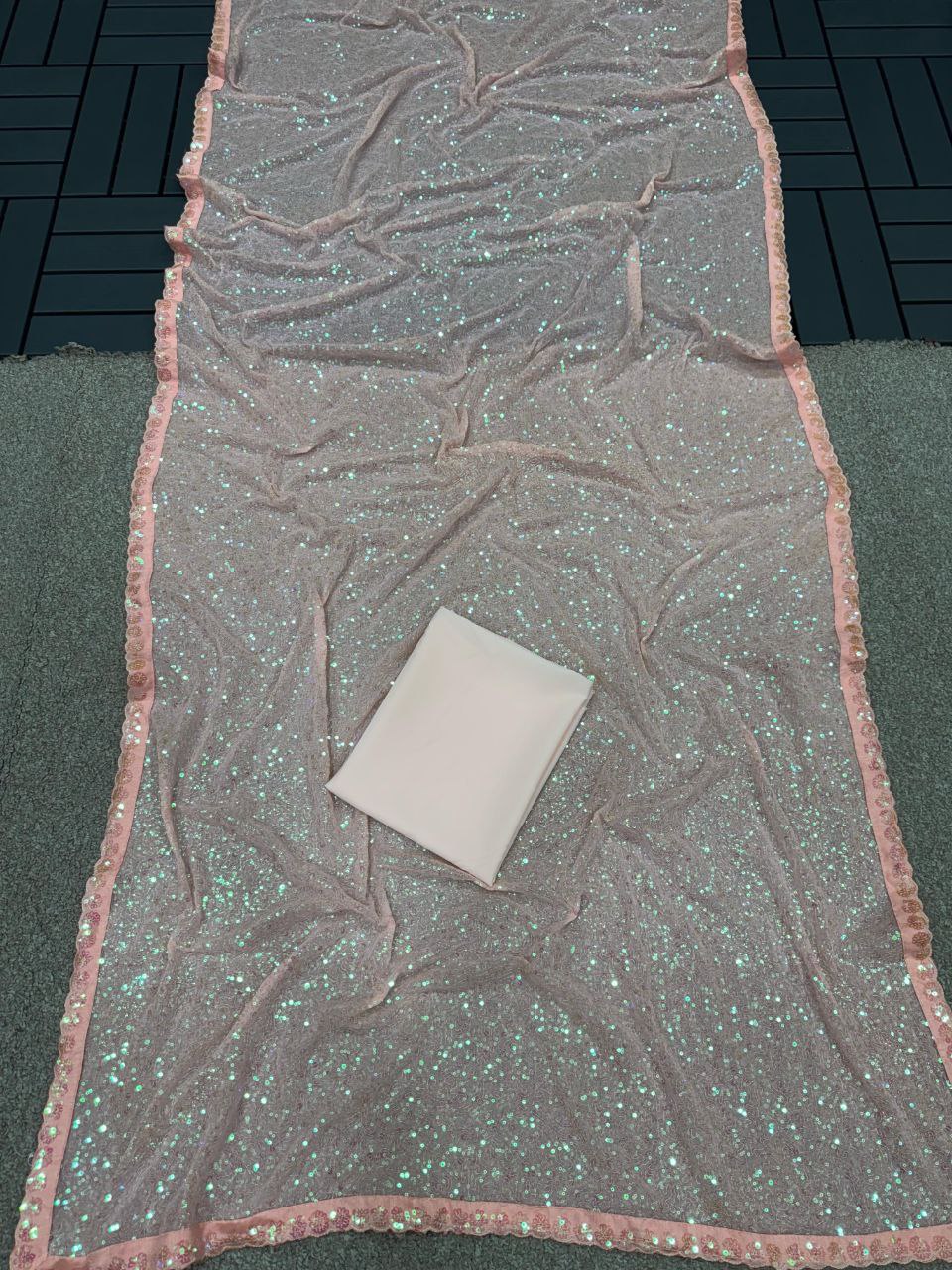 New Bollywood Blockbuster Faux Georgette Saree with Heavy Khichdi Sequin Embroidery & Cutwork Lace Border