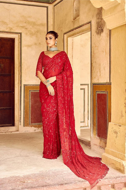 New Bollywood Blockbuster Heavy Georgette Saree with Multicolor Sequin Embroidery & Zalar Pallu