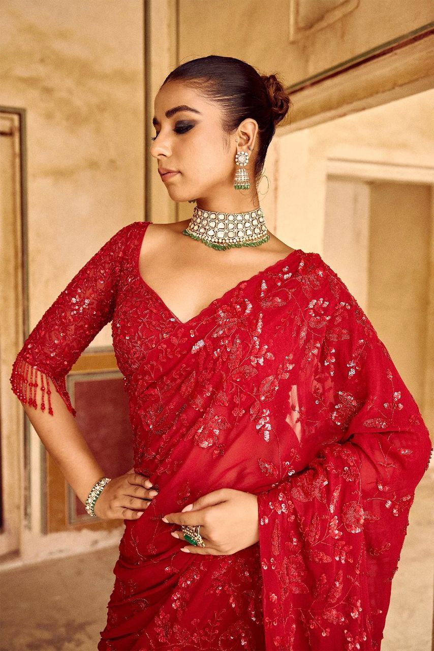 New Bollywood Blockbuster Heavy Georgette Saree with Multicolor Sequin Embroidery & Zalar Pallu