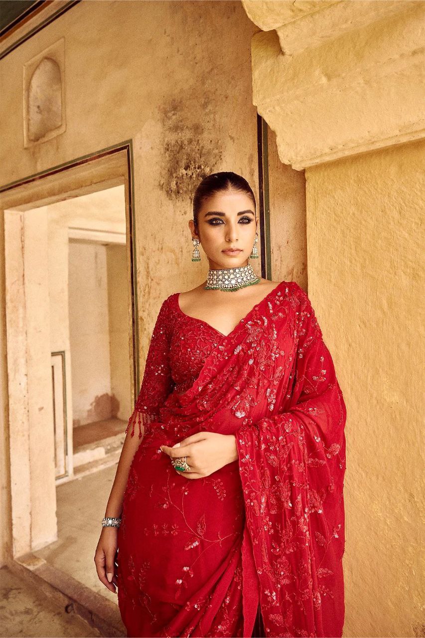 New Bollywood Blockbuster Heavy Georgette Saree with Multicolor Sequin Embroidery & Zalar Pallu