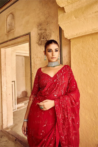 New Bollywood Blockbuster Heavy Georgette Saree with Multicolor Sequin Embroidery & Zalar Pallu