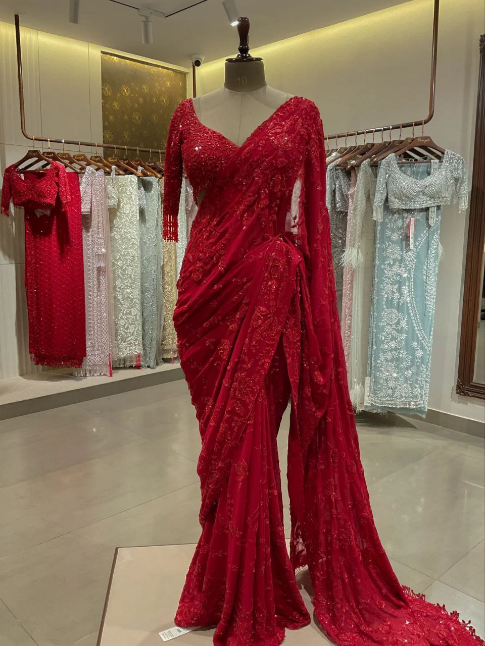 New Bollywood Blockbuster Heavy Georgette Saree with Multicolor Sequin Embroidery & Zalar Pallu