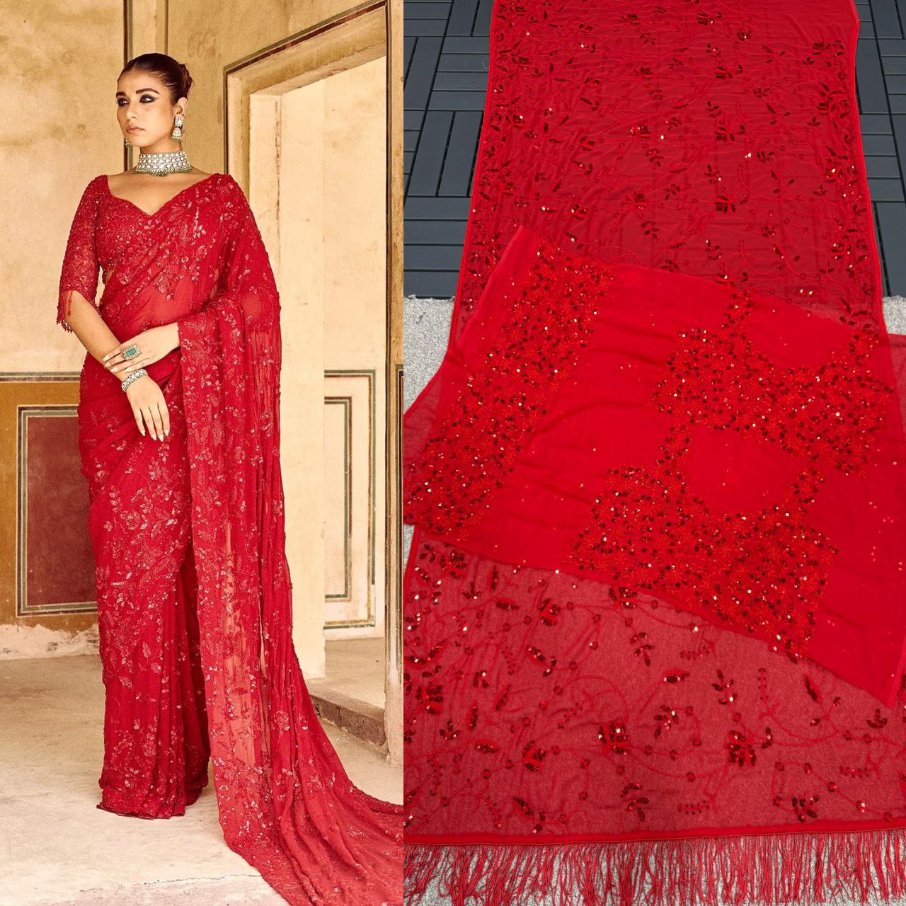 New Bollywood Blockbuster Heavy Georgette Saree with Multicolor Sequin Embroidery & Zalar Pallu