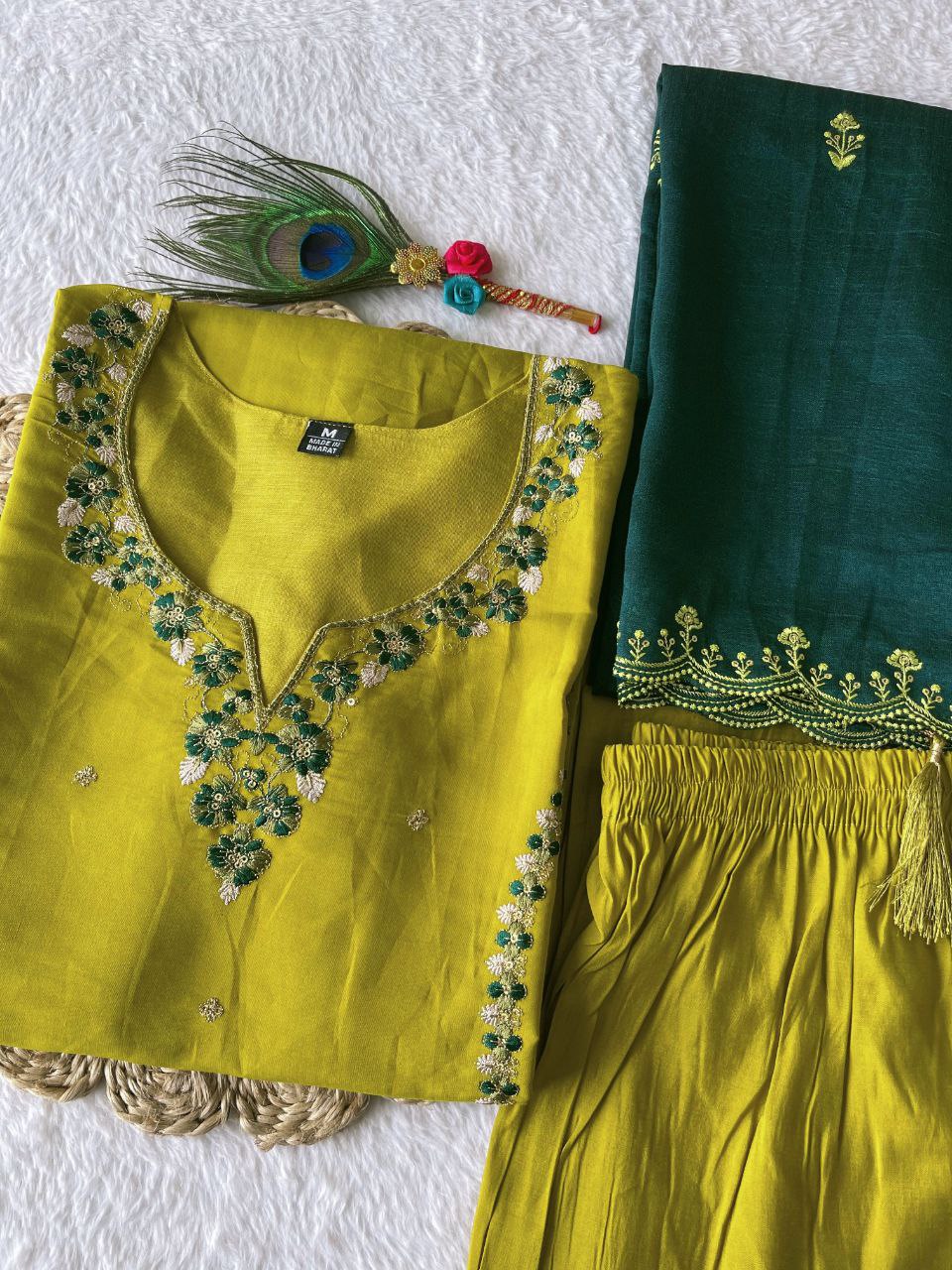 Designers Kurti Pent Dupatta Set, Premium Roman Silk, Cotton Inner (Full), Hand Work, Dupatta Heavy Vichitra Silk With Multi-Sequence Work With Latkan