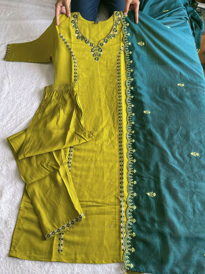 Designers Kurti Pent Dupatta Set, Premium Roman Silk, Cotton Inner (Full), Hand Work, Dupatta Heavy Vichitra Silk With Multi-Sequence Work With Latkan