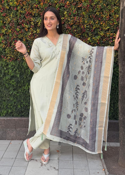 Designers Kurta Pent Set, Premium Roman Silk & Kurta Full Inner Cotton with Hand Work Neckline, Dupatta Heavy Chanderi jacquard With Digital Print With Latkan
