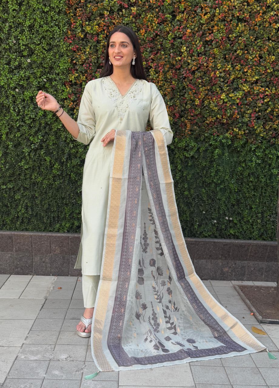 Designers Kurta Pent Set, Premium Roman Silk & Kurta Full Inner Cotton with Hand Work Neckline, Dupatta Heavy Chanderi jacquard With Digital Print With Latkan