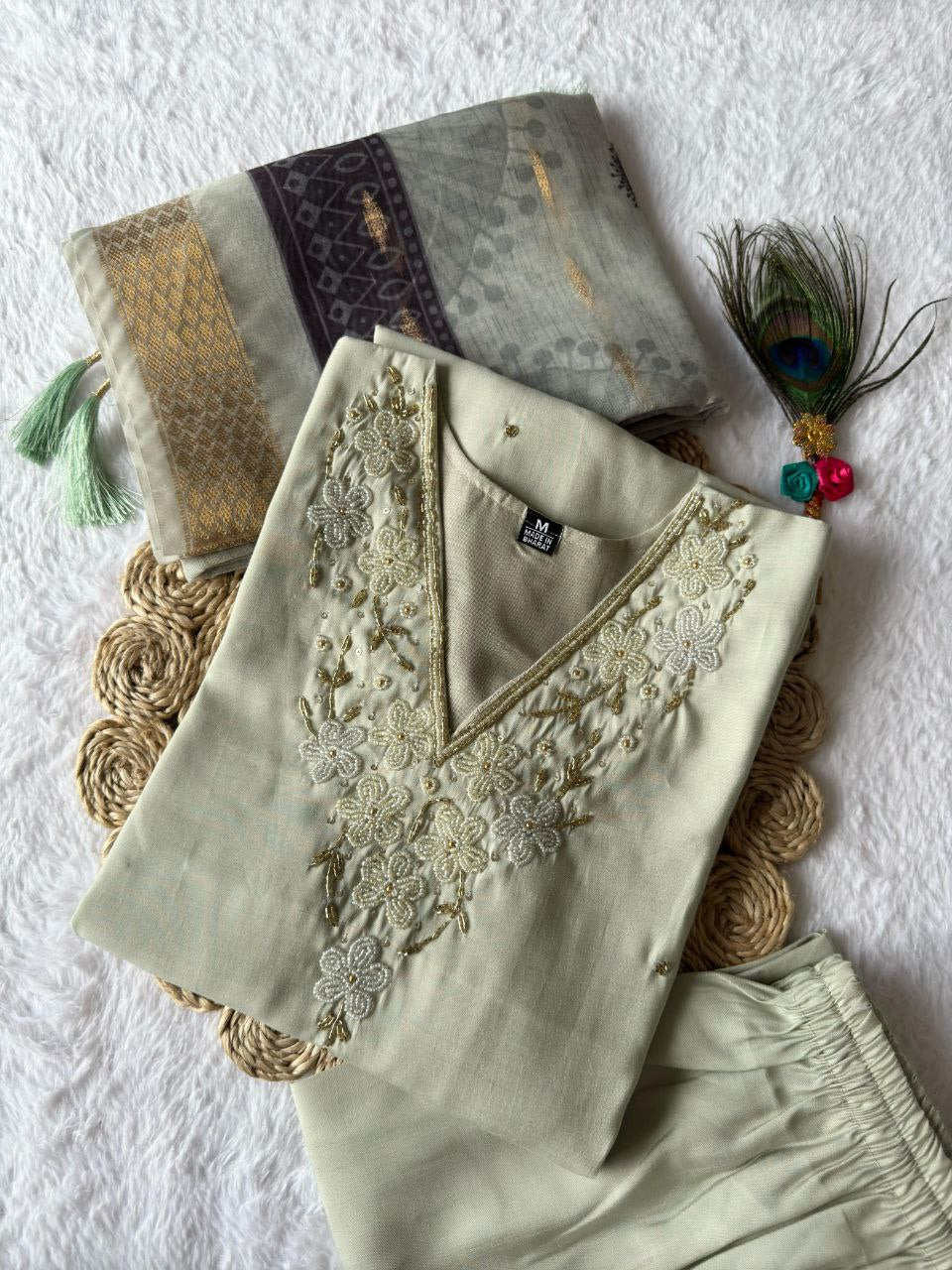 Designers Kurta Pent Set, Premium Roman Silk & Kurta Full Inner Cotton with Hand Work Neckline, Dupatta Heavy Chanderi jacquard With Digital Print With Latkan