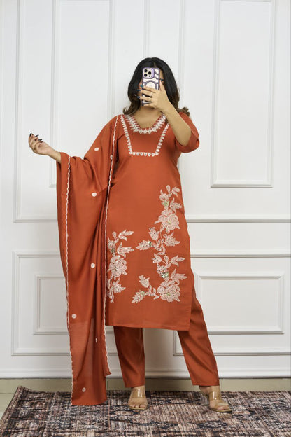Designers Kurti Pent Dupatta Set, Premium Roman Silk, Embroidery With Sequence Work & Cotton Inner (Full), Dupatta Romam Silk With Embroidery Work
