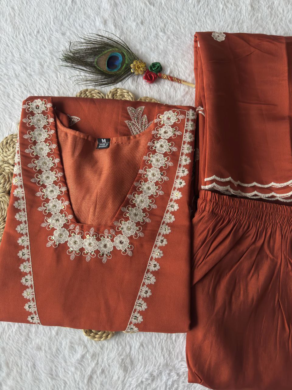 Designers Kurti Pent Dupatta Set, Premium Roman Silk, Embroidery With Sequence Work & Cotton Inner (Full), Dupatta Romam Silk With Embroidery Work