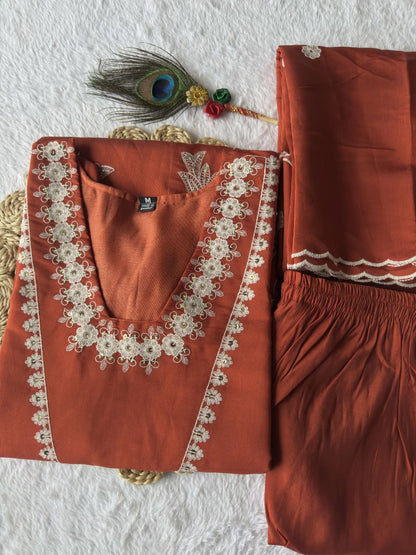 Designers Kurti Pent Dupatta Set, Premium Roman Silk, Embroidery With Sequence Work & Cotton Inner (Full), Dupatta Romam Silk With Embroidery Work