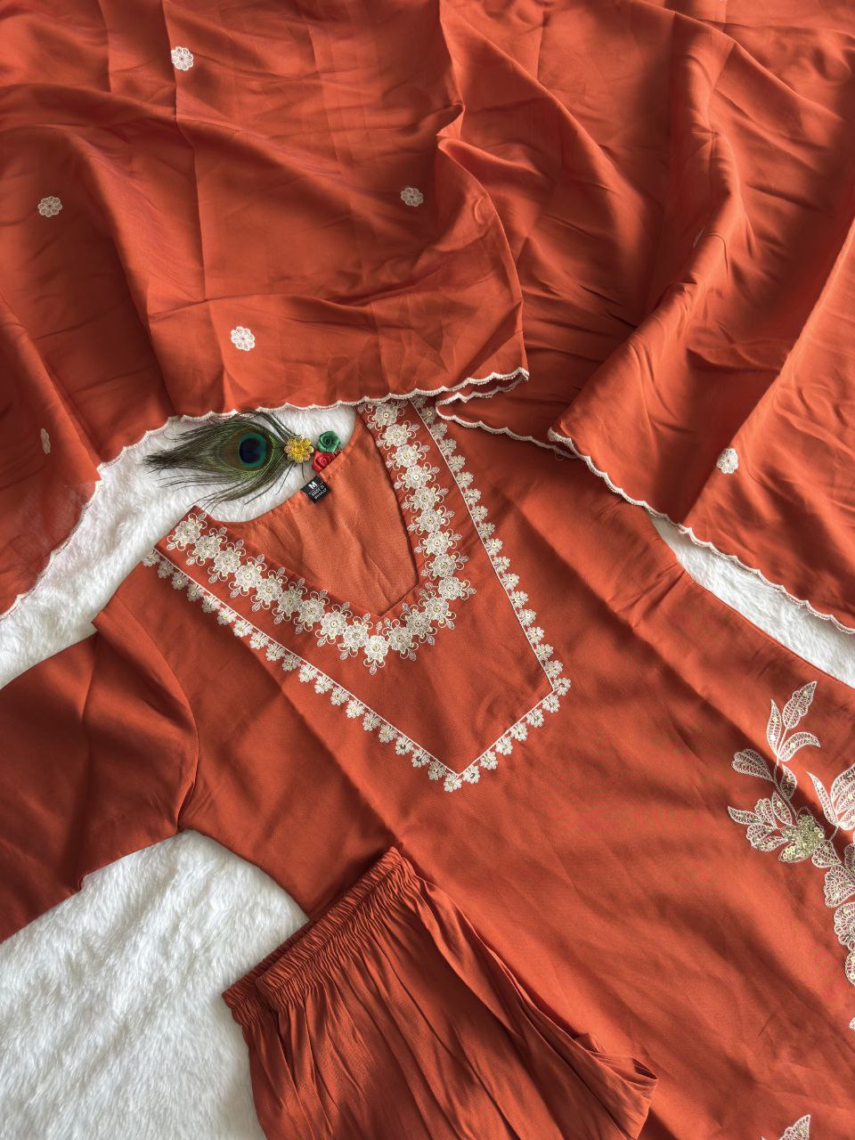 Designers Kurti Pent Dupatta Set, Premium Roman Silk, Embroidery With Sequence Work & Cotton Inner (Full), Dupatta Romam Silk With Embroidery Work