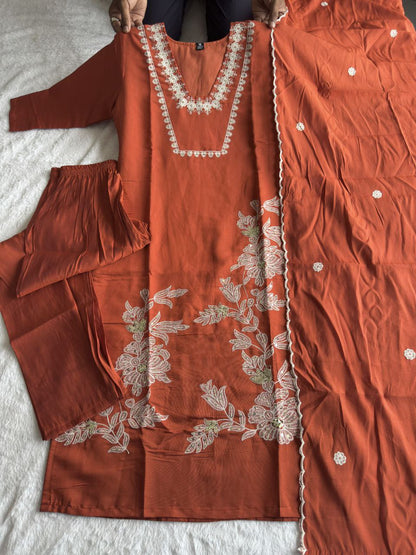 Designers Kurti Pent Dupatta Set, Premium Roman Silk, Embroidery With Sequence Work & Cotton Inner (Full), Dupatta Romam Silk With Embroidery Work