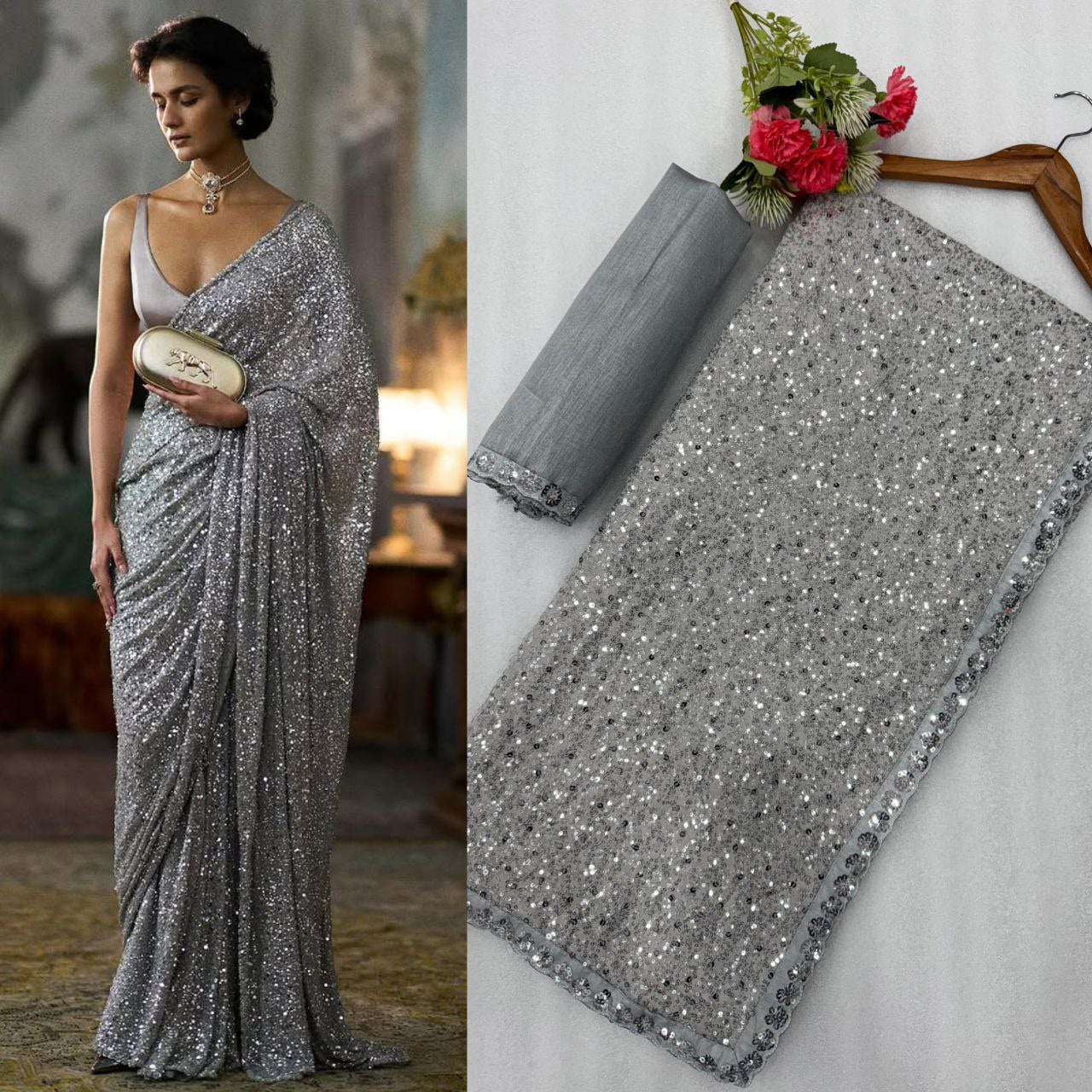 New Bollywood Blockbuster Faux Georgette Saree with Heavy Khichdi Sequin Embroidery & Cutwork Lace Border