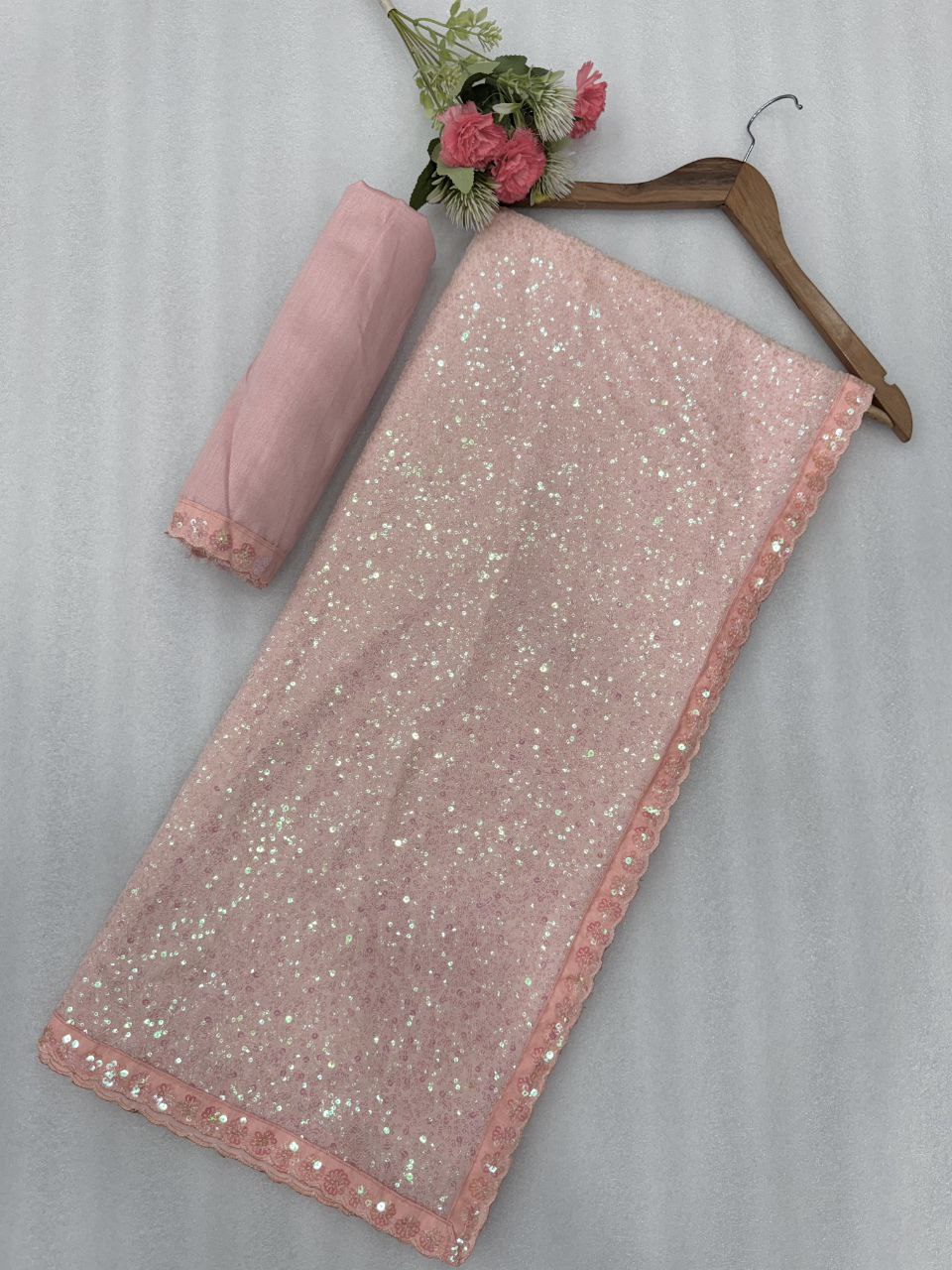 New Bollywood Blockbuster Faux Georgette Saree with Heavy Khichdi Sequin Embroidery & Cutwork Lace Border