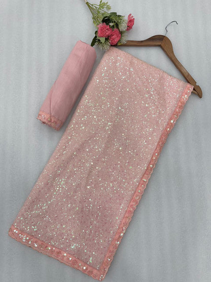 New Bollywood Blockbuster Faux Georgette Saree with Heavy Khichdi Sequin Embroidery & Cutwork Lace Border
