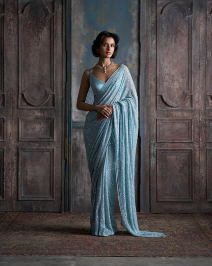 New Bollywood Blockbuster Faux Georgette Saree with Heavy Khichdi Sequin Embroidery & Cutwork Lace Border