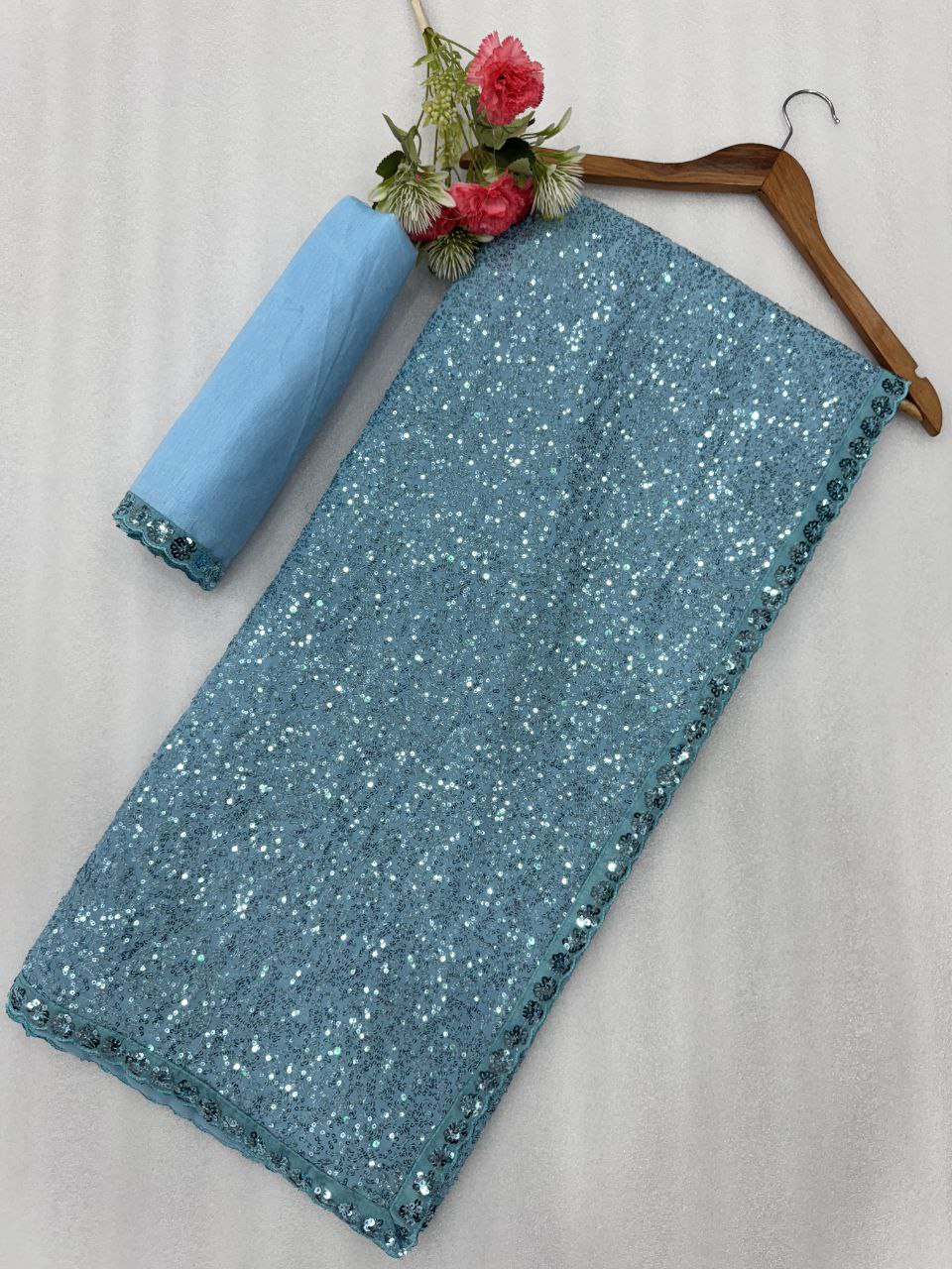 New Bollywood Blockbuster Faux Georgette Saree with Heavy Khichdi Sequin Embroidery & Cutwork Lace Border