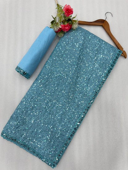 New Bollywood Blockbuster Faux Georgette Saree with Heavy Khichdi Sequin Embroidery & Cutwork Lace Border