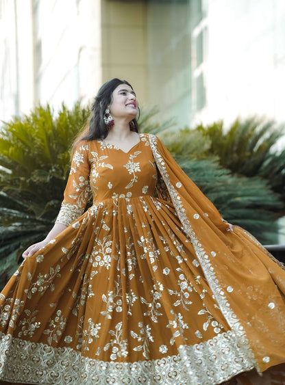 Designer Heavy Faux Georgette Anarkali Suit with Sequins & Embroidery, Cotton Pant & Dupatta Fully Stitched Party & Wedding Wear for Women