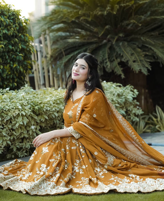 Designer Heavy Faux Georgette Anarkali Suit with Sequins & Embroidery, Cotton Pant & Dupatta Fully Stitched Party & Wedding Wear for Women