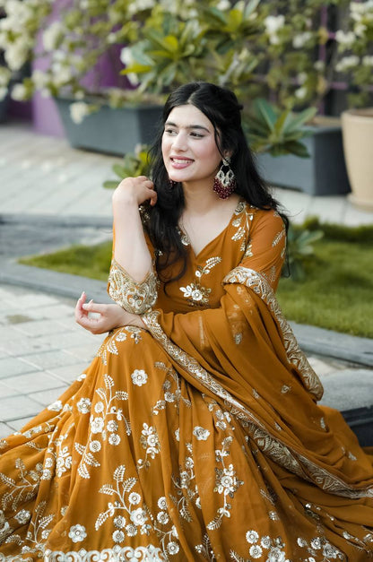 Designer Heavy Faux Georgette Anarkali Suit with Sequins & Embroidery, Cotton Pant & Dupatta Fully Stitched Party & Wedding Wear for Women
