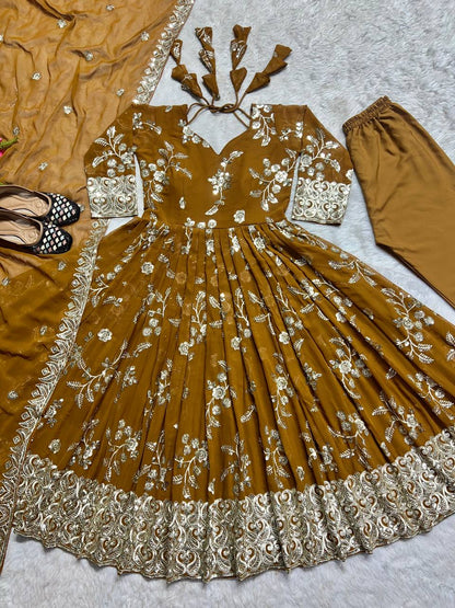 Designer Heavy Faux Georgette Anarkali Suit with Sequins & Embroidery, Cotton Pant & Dupatta Fully Stitched Party & Wedding Wear for Women