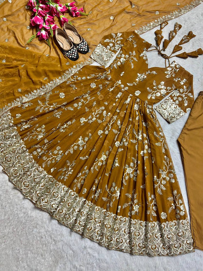 Designer Heavy Faux Georgette Anarkali Suit with Sequins & Embroidery, Cotton Pant & Dupatta Fully Stitched Party & Wedding Wear for Women