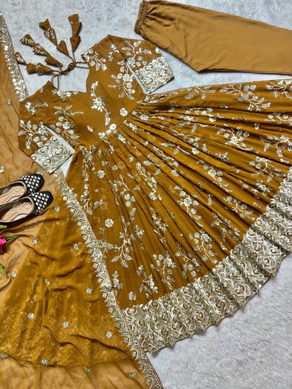 Designer Heavy Faux Georgette Anarkali Suit with Sequins & Embroidery, Cotton Pant & Dupatta Fully Stitched Party & Wedding Wear for Women