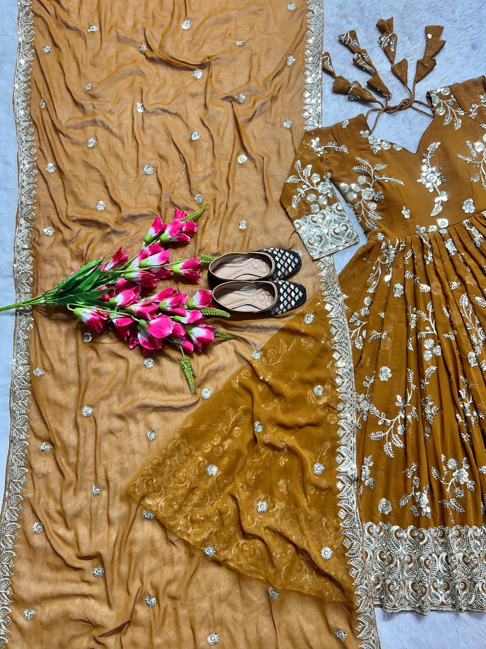 Designer Heavy Faux Georgette Anarkali Suit with Sequins & Embroidery, Cotton Pant & Dupatta Fully Stitched Party & Wedding Wear for Women