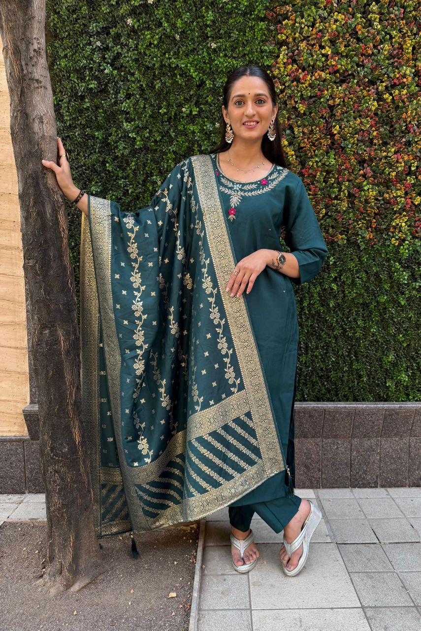 Designers Kurti Pent Dupatta Set Premium Roman Silk, Hevay Quality Nylon Muslin jacquard With Latkan, Hand Work, Cotton Inner (Full)