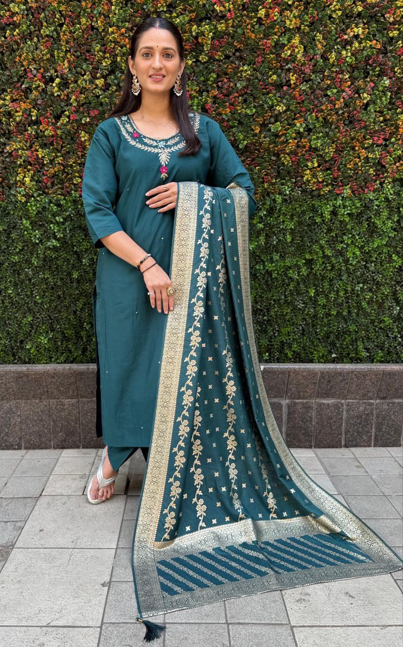 Designers Kurti Pent Dupatta Set Premium Roman Silk, Hevay Quality Nylon Muslin jacquard With Latkan, Hand Work, Cotton Inner (Full)