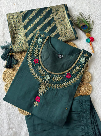 Designers Kurti Pent Dupatta Set Premium Roman Silk, Hevay Quality Nylon Muslin jacquard With Latkan, Hand Work, Cotton Inner (Full)