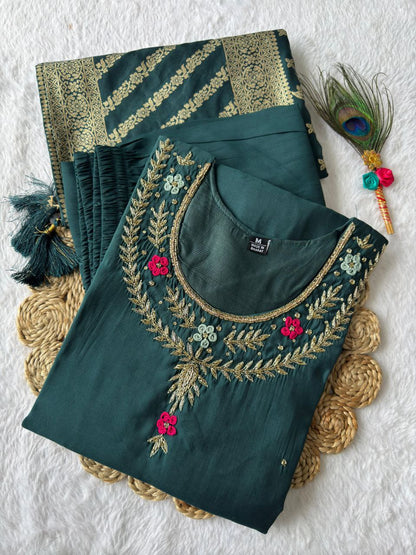 Designers Kurti Pent Dupatta Set Premium Roman Silk, Hevay Quality Nylon Muslin jacquard With Latkan, Hand Work, Cotton Inner (Full)