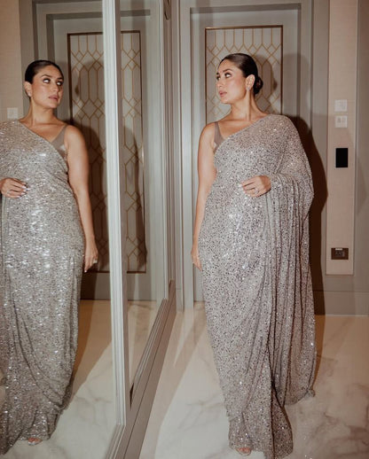 Bollywood Kareena Kapoor Khan Inspired Faux Georgette Saree with Heavy Sequin Embroidery & Cutwork Lace Border