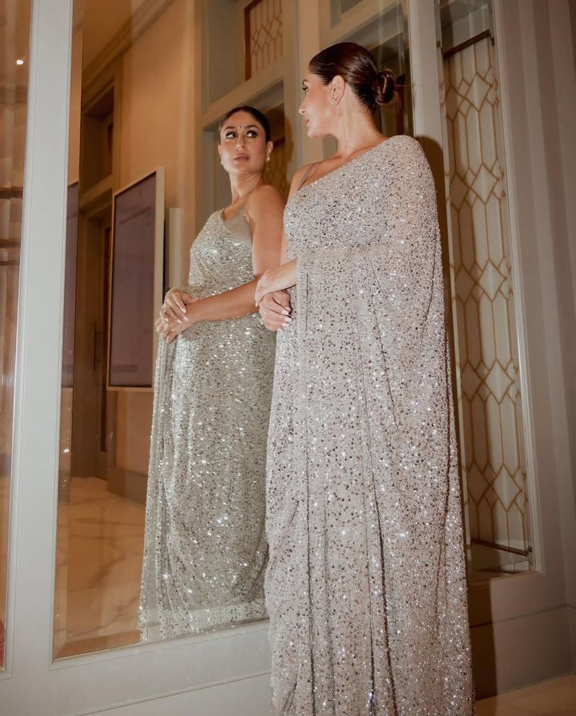 Bollywood Kareena Kapoor Khan Inspired Faux Georgette Saree with Heavy Sequin Embroidery & Cutwork Lace Border