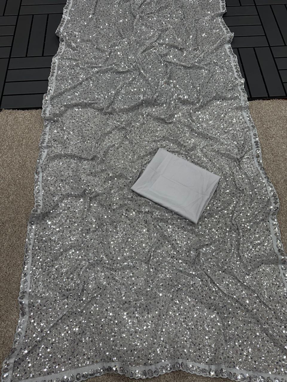 Bollywood Kareena Kapoor Khan Inspired Faux Georgette Saree with Heavy Sequin Embroidery & Cutwork Lace Border