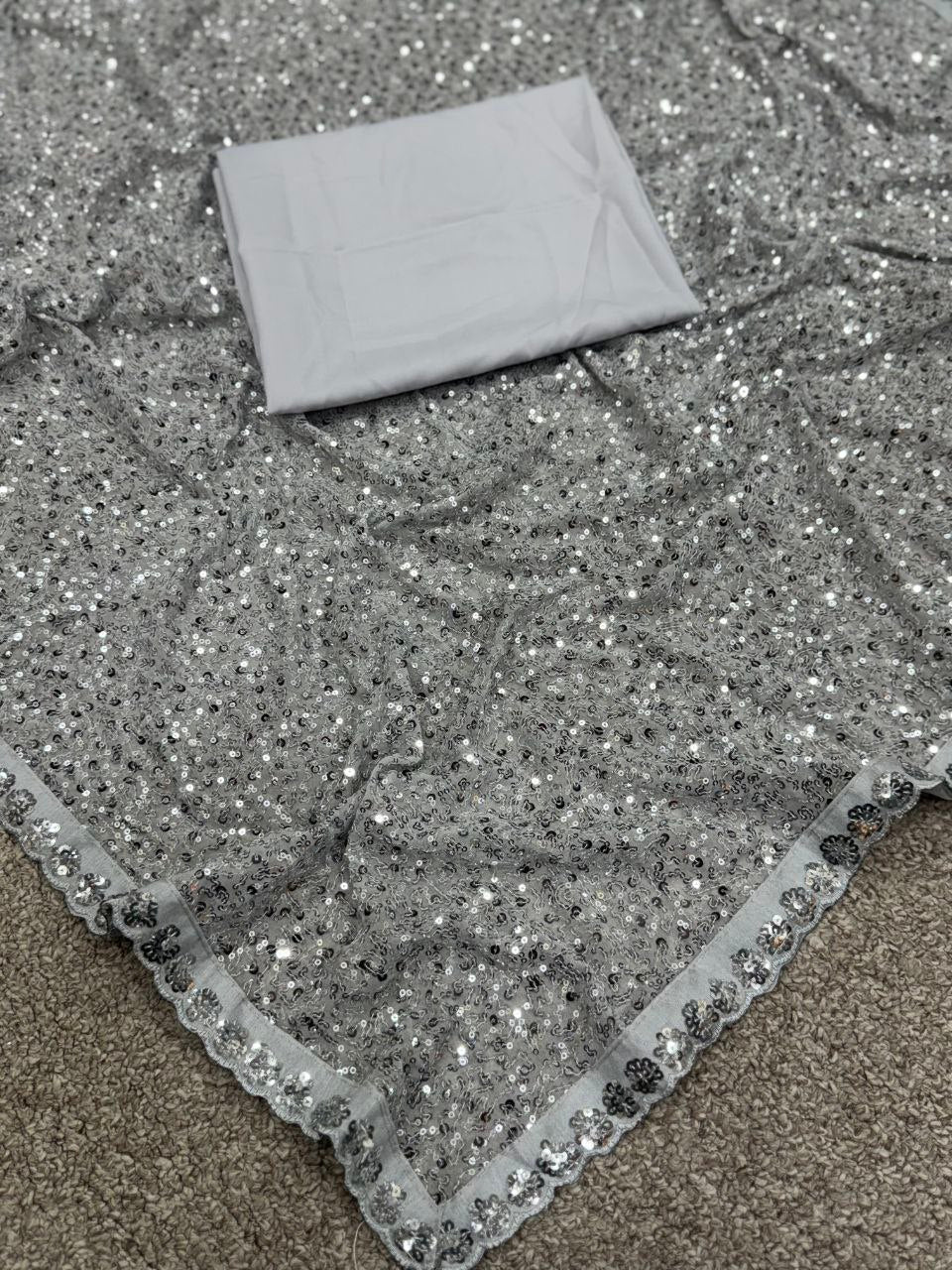 Bollywood Kareena Kapoor Khan Inspired Faux Georgette Saree with Heavy Sequin Embroidery & Cutwork Lace Border