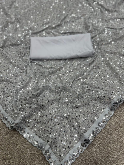 Bollywood Kareena Kapoor Khan Inspired Faux Georgette Saree with Heavy Sequin Embroidery & Cutwork Lace Border