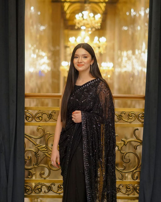 Premium 60 Gram Georgette Saree with Heavy 5mm Sequin Work & Embroidered Lace Border | Mono Banglori Silk Blouse