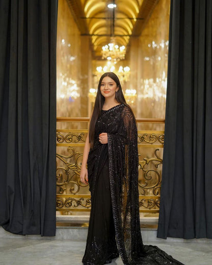 Premium 60 Gram Georgette Saree with Heavy 5mm Sequin Work & Embroidered Lace Border | Mono Banglori Silk Blouse