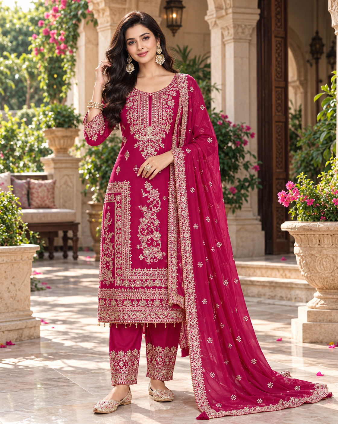 Women's Ethnic Motifs Embroidered Regular Sequinned Kurta with Trousers & Dupatta