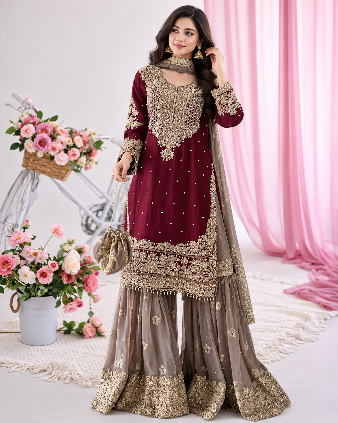 Function Wear Chinon Coding Sequence Embroidery Work Wonderful Semi-Stitched Sharara Suit