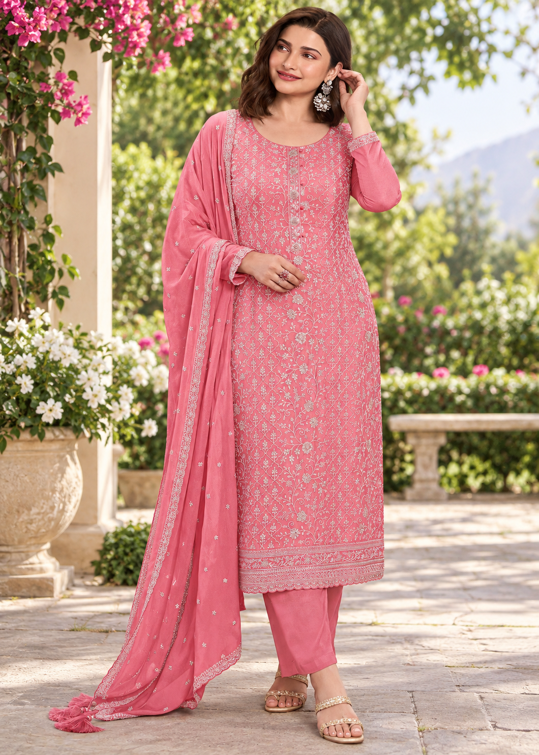 Fancy Look Women Pakistani Suit Vichitra Silk Sequence Embroidery Wonderful Semi-Stitched Salwar Suit Material