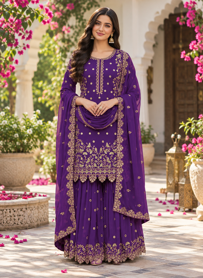 Exclusive And Designer Chinon Coding Sequence Embroidery Work Wonderful Semi-Stitched Sharara Suit