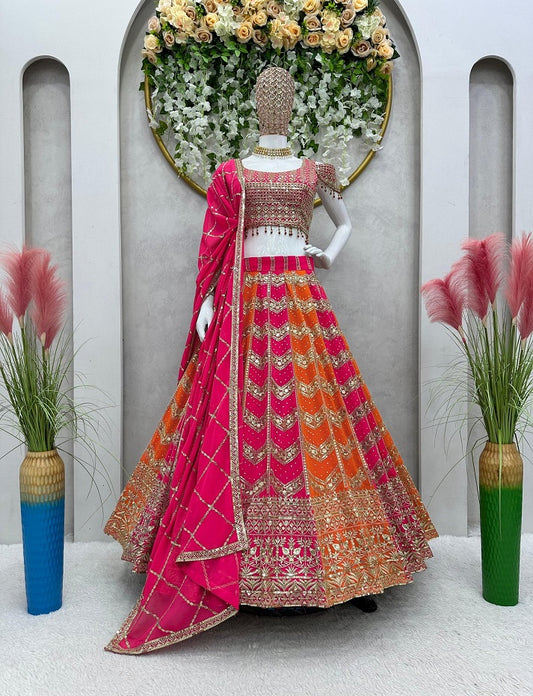 Pink And Orange Faux Georgette Designer Wedding Wear Lehenga Set For Women's Or Girls