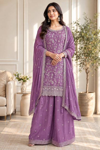 Attractive Vichitra Silk Sequence Embroidery Multi Purpose Semi-Stitched Pakistani Sharara Suit Material