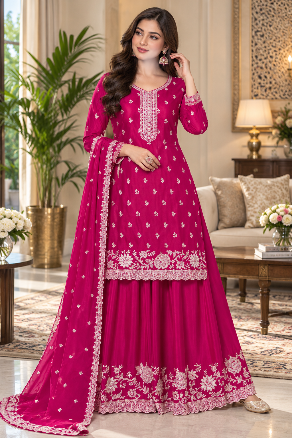 Trending Pakistani Suit Chinon Sequence Embroidery Work Wonderful Semi-Stitched Sharara Suit
