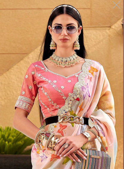 Exclusive Peach Georgette  Embroidery Work & 7 mm sequions Saree With Blouse -BT-1177 By Dealbazaars